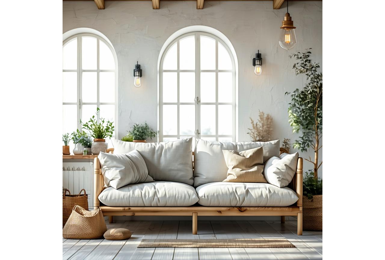 Sofá de madera y lino en salón luminoso